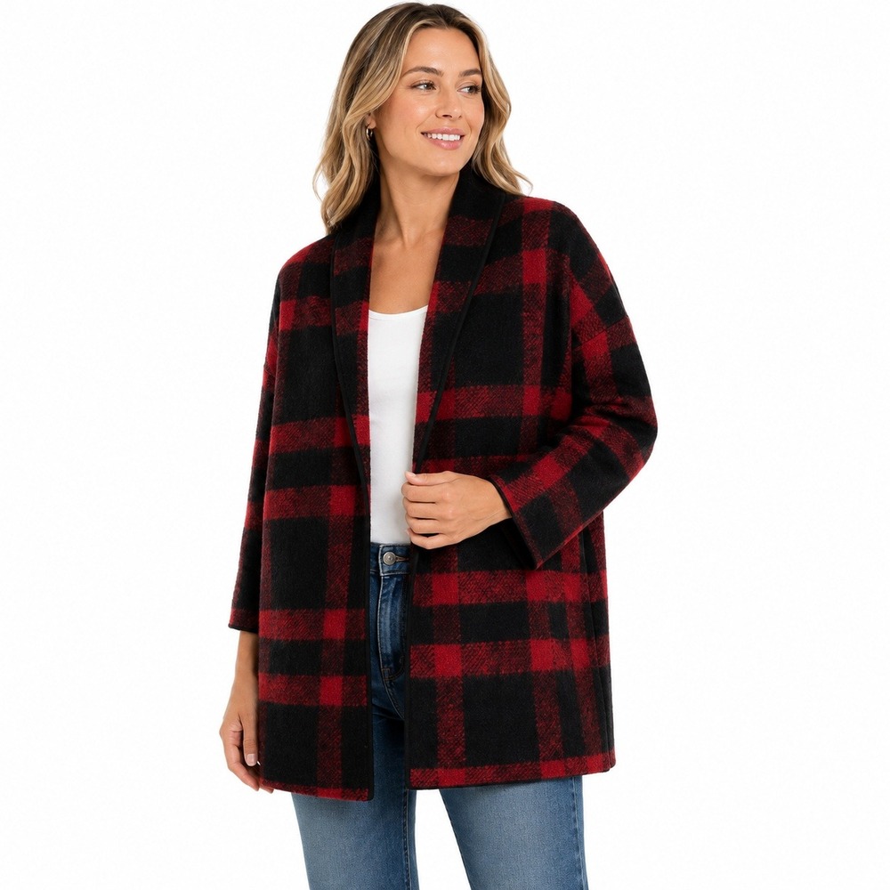 Aspen Cardigan Women Large Red Black Buffalo Plaid Wool Blend Open Front Shawl